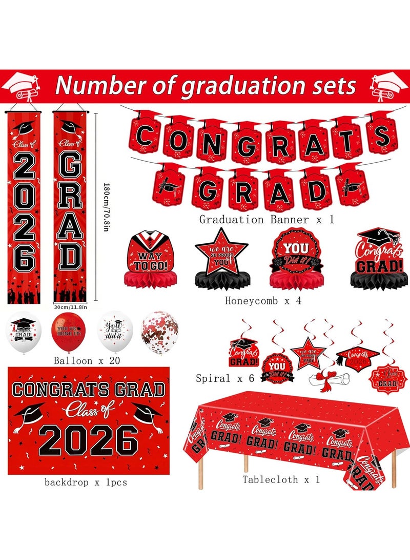 Class of 2026 Graduation Party Decor Set Red and Black Theme Includes Banner Backdrop, Balloons, Tablecloth, Honeycomb Centerpiece, and Hanging Swirls - Image 2